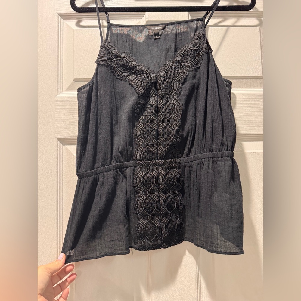 Express Black tank top with Lace Detail EUC! Cinched waist! - Picture 2 of 5